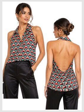 Milly Silk Halter Blouse Red Teal Geo Print Open Back 12